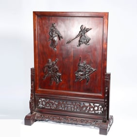 A RED SANDALWOOD 'FIGURES' LARGE TABLE SCREEN