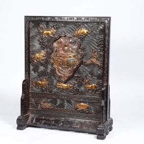 A RED SANDALWOOD AND JADE INLAY 'AUSPICIOUS BEASTS' SCREEN