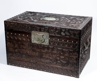 A RED SANDALWOOD AND JADEITE INLAY 'AUSPICIOUS BEASTS' BOX