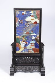 A RED SANDALWOOD 'LANDSCAPE' POLYCHROME-INLAY TABLE SCREEN