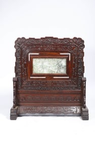 A RED SANDALWOOD AND JADEITE INLAY 'PINE AND CRANE' TABLE SCREEN