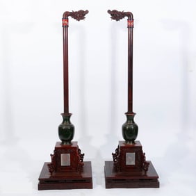 A PAIR OF RED SANDALWOOD AND CLOISONN??'DRAGON-HEAD' PALACE LANTERNS