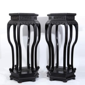 A PAIR OF RED SANDALWOOD AND MARBLE-INLAY PLANT STANDS