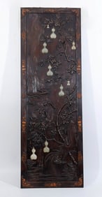 A RED SANDALWOOD AND JADE INLAY 'BAT AND DEER' WALL PANEL