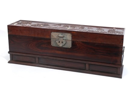 A RED SANDALWOOD AND JADE INLAY 'LANDSCAPE' BOX