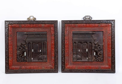 A PAIR OF RED SANDALWOOD AND JADE INLAY 'FIGURES' WALL PANELS