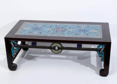 A RED SANDALWOOD AND CLOISONN??'FLORAL' ALTAR TABLE