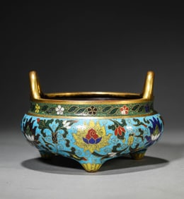 A CLOISONNé ENAMEL 'FLORAL' CENSER WITH UPRIGHT HANDLES