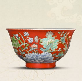 A CORAL-GROUND FAMILLE-ROSE 'FLORAL' BOWL