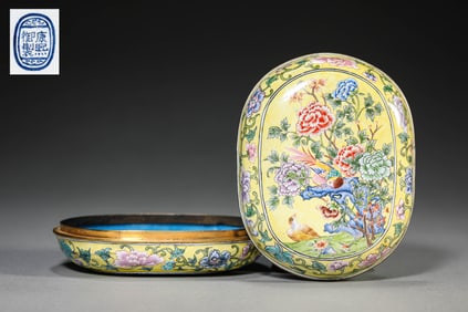 A PAINTED ENAMEL 'BIRDS AND FLOWERS' COVERED BOX