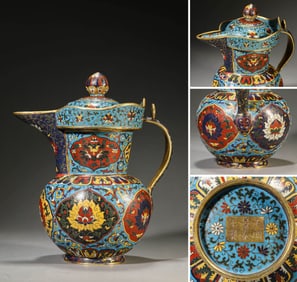 A CLOISONNé ENAMEL 'RESERVED PANEL LOTUS' MONK'S CAP EWER