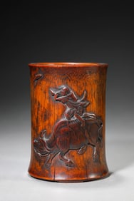 A BAMBOO CARVED 'SPRING SCENE' BRUSHPOT