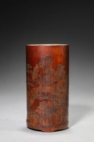 A BAMBOO CARVED 'LANDSCAPE AND FIGURES WITH POEM' BRUSHPOT