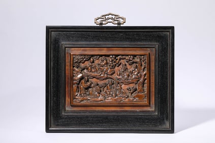 A ZITAN AND SANDALWOOD INLAID 'EIGHT IMMORTALS' WALL PANEL