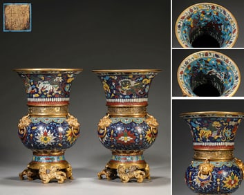 A PAIR OF CLOISONNé ENAMEL 'LION PLAYING WITH BALL' VASES