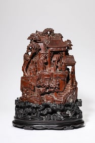 A WOOD CARVED 'SCHOLARS UNDER PINE' MOUNTAIN ORNAMENT
