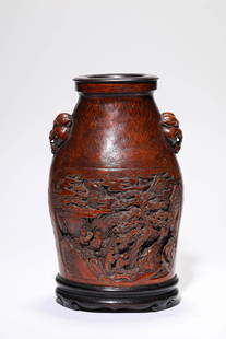 A BAMBOO CARVED 'SCHOLARS UNDER PINE WITH POEM' VASE: A BAMBOO CARVED 'SCHOLARS UNDER PINE WITH POEM' VASE Dimensions: Length: 17cm (6.69in) x Width: 13.9cm (5.47in) x Height: 29cm (11.42in). All measurements are approximate. Azaya Art Gallery is delight