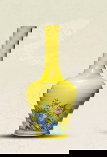 A YELLOW-GROUND BLUE AND WHITE 'BIRDS AND FLOWERS' VASE: A YELLOW-GROUND BLUE AND WHITE 'BIRDS AND FLOWERS' VASE Dimensions: Width: 10.8cm (4.25in) x Height: 23.2cm (9.13in). All measurements are approximate. Azaya Art Gallery is delighted to showcase our m