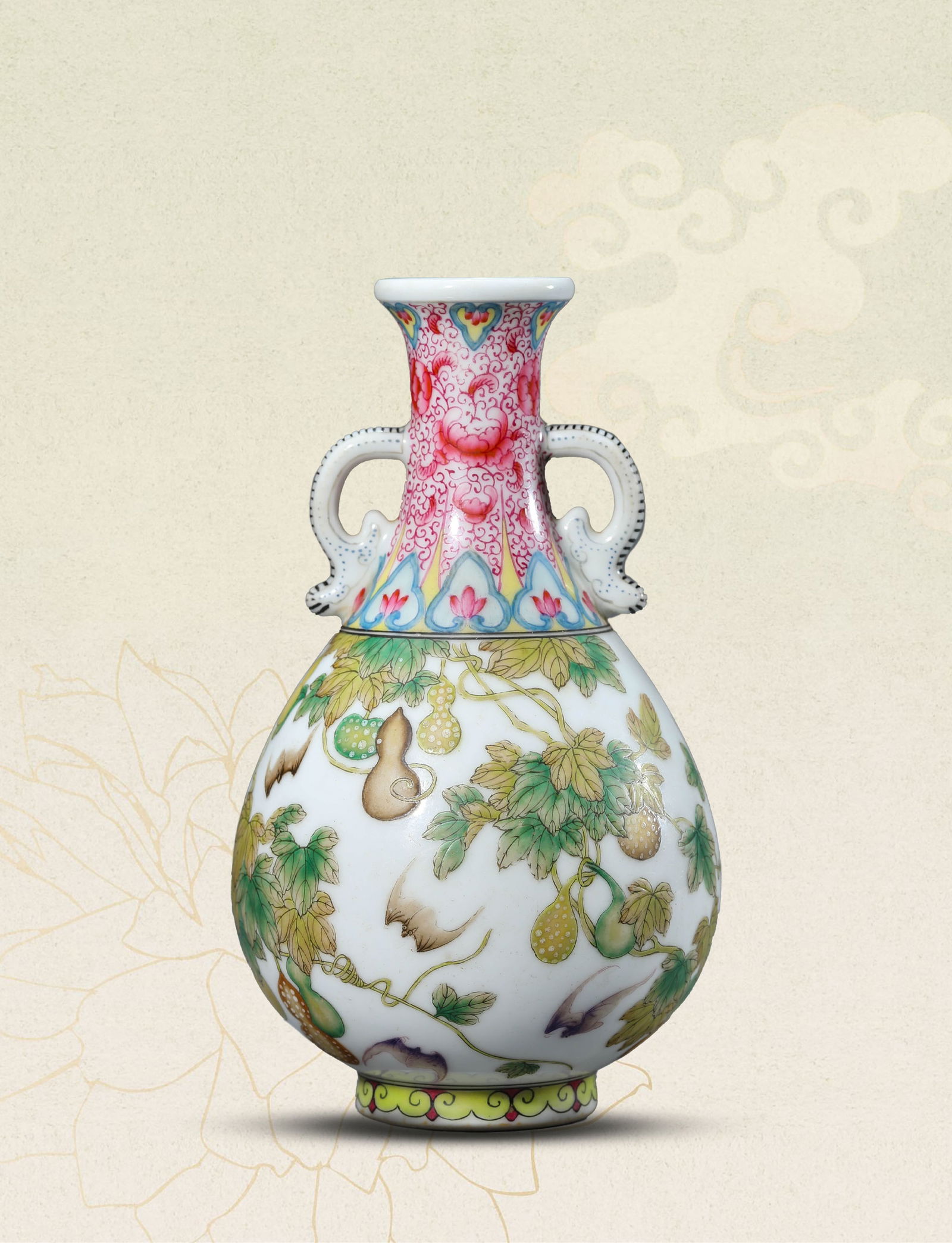 A FAMILLE-ROSE 'AUSPICIOUS SYMBOLS' TWO-HANDLED YUHUCHUNPING: A FAMILLE-ROSE 'AUSPICIOUS SYMBOLS' TWO-HANDLED YUHUCHUNPING Dimensions: Width: 9.7cm (3.82in) x Height: 16.6cm (6.54in). All measurements are approximate. Azaya Art Gallery is delighted to showcase o