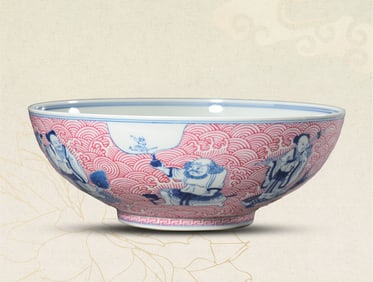A BLUE AND WHITE AND RUBY RED 'EIGHT IMMORTALS CROSSING THE SEA' BOWL