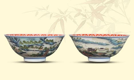 A PAIR OF FAMILLE-ROSE 'LANDSCAPE AND FIGURES' BOWLS
