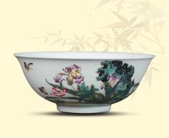 A FAMILLE-ROSE 'BUTTERFLIES AMONG FLOWERS WITH POEM' BOWL