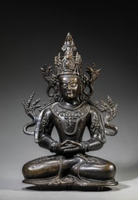 A TIBETAN PALA-STYLE ALLOY COPPER AMITAYUS INLAID WITH SILVER AND GOLD