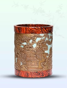 A WOOD-GLAZED 'LANDSCAPE AND FIGURES' BRUSHPOT