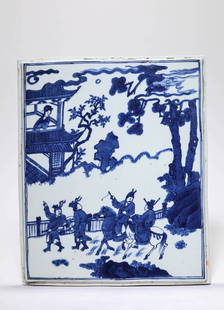 A BLUE AND WHITE 'FIGURES' PORCELAIN PANEL: A BLUE AND WHITE 'FIGURES' PORCELAIN PANEL Dimensions: Width: 27.5 cm (10.83 in) x Height: 33.1 cm (13.03 in). All measurements are approximate. Azaya Art Gallery is delighted to showcase our meticulo