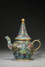 A CLOISONNé ENAMEL 'MELONS AND FLOWERS' EWER