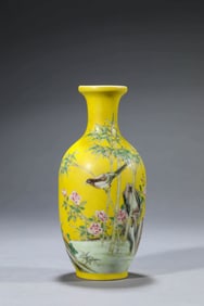 A YELLOW-GROUND FAMILLE-ROSE 'BIRDS AND FLOWERS WITH POEM' VASE