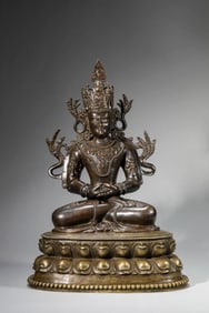 A TIBETAN PALA-STYLE ALLOY COPPER AMITAYUS INLAID WITH SILVER