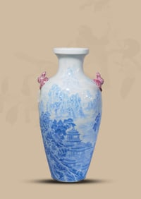 AN ENAMEL 'LANDSCAPE AND FIGURES' BLUE-GROUND VASE