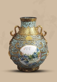 A BRONZE-GLAZED AND GILT 'LANDSCAPE AND FIGURES' JAR
