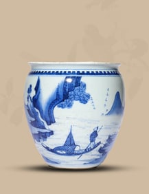 A BLUE AND WHITE 'LANDSCAPE AND FIGURE SCENE' JAR