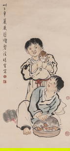 XU BEIHONG (1895-1953), ATTRIBUTED TO, THE TWIN IMMORTALS OF HARMONY: XU BEIHONG (1895-1953), ATTRIBUTED TO, THE TWIN IMMORTALS OF HARMONY Dimensions: Width: 45cm (17.72in) x Height: 98cm (38.58in). All measurements are approximate. Azaya Art Gallery is delighted to sho