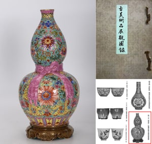 AN ENAMEL 'LUCKY BAG' GOURD SHAPED VASE