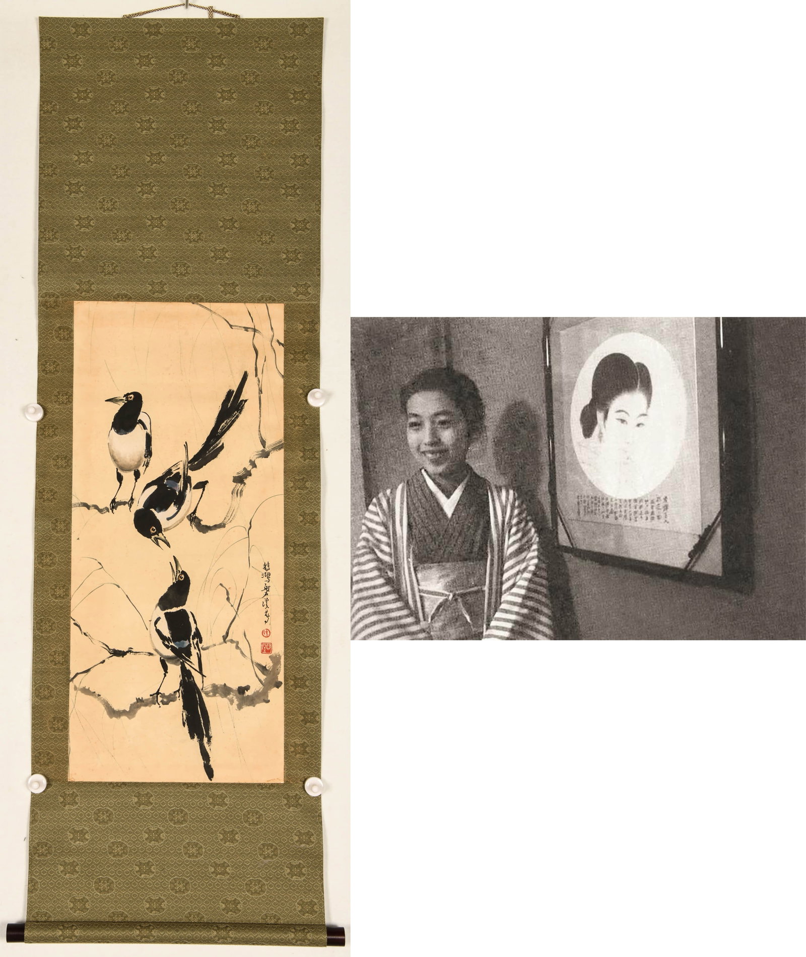 XU BEIHONG (1895-1953), ATTRIBUTED TO, MAGPIE ON BRANCH: XU BEIHONG (1895-1953), ATTRIBUTED TO, MAGPIE ON BRANCH Dimensions: Length: 76 cm (29.9 in.), Width: 33.5 cm (13.2 in.). All measurements are approximate.