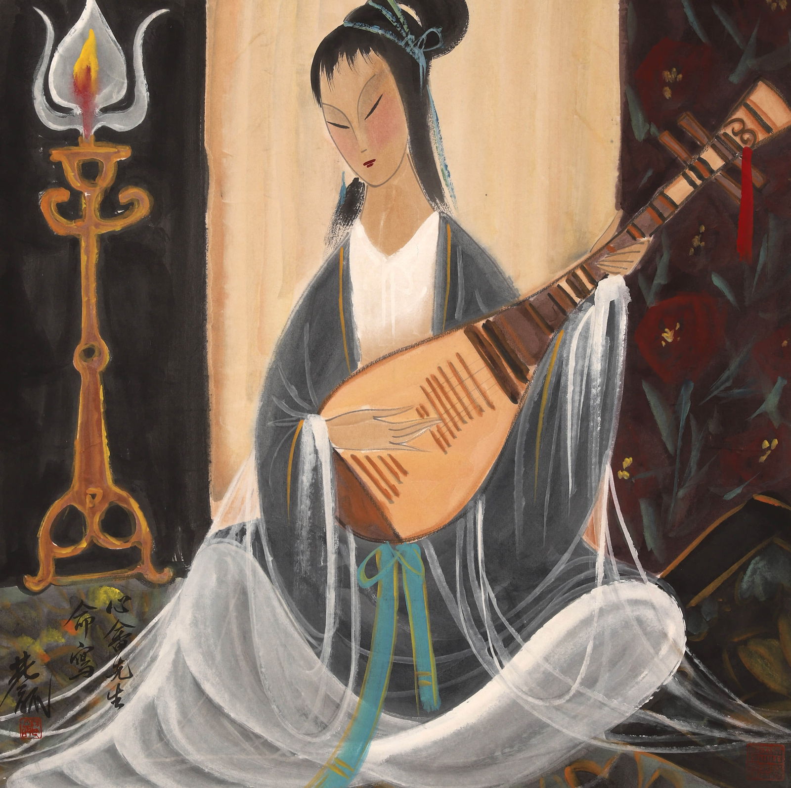 LIN FENGMIAN (1900-1991), ATTRIBUTED TO, LADY PLAYING ZITHER: LIN FENGMIAN (1900-1991), ATTRIBUTED TO, LADY PLAYING ZITHER Dimensions: Length: 66 cm (26.0 in.), Width: 66 cm (26.0 in.). All measurements are approximate.