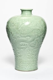A PALE CELADON GLAZED 'CLOUD AND DRAGON' MEIPING