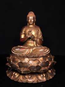 A FINELY CAST LOTUS-SEATED COPPER SHAKYAMUNI STATUE