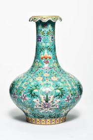 A GREEN-GROUND FAMILLE ROSE 'FLOWERS' VASE
