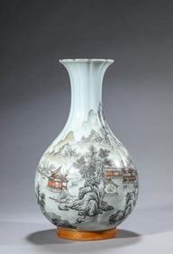 A BLACK 'LANDSCAPE-AND-FIGURE' MELON-RIBBED VASE