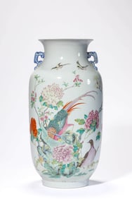 A FAMILLE-ROSE 'FLOWER-AND-BIRD' LANTERN SHAPED VASE