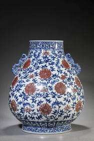 A BLUE AND WHITE WITH UNDERGLAZE-RED 'LOTUS' JAR