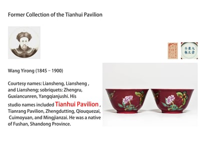 A PAIR OF RUBY-RED FAMILLE ROSE 'BUTTERFLIES AND FLOWERS' CUPS