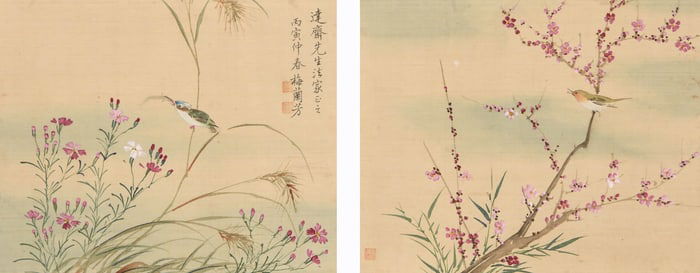 MEI LANFANG (1894-1961), ATTRIBUTED TO, TWO FLOWER AND BIRD LEAVES