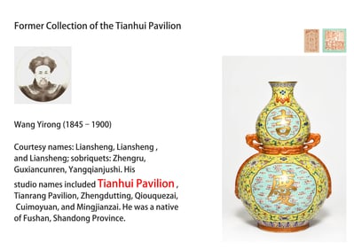 A YELLOW-GROUND FAMILLE ROSE WITH GILT MEDALLION 'AUSPICIOUS EMBLEMS AND RUYI' RIBBON-HANDLED