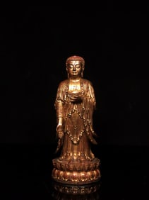 A FINE CRAFTED COPPER STANDING FIGURE OF SAKYAMUNI BUDDHA