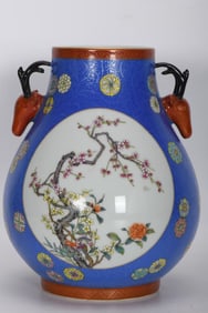 A BLUE-GROUND ENAMELMEDALLION 'FLORAL' TWO-HANDLED VASE